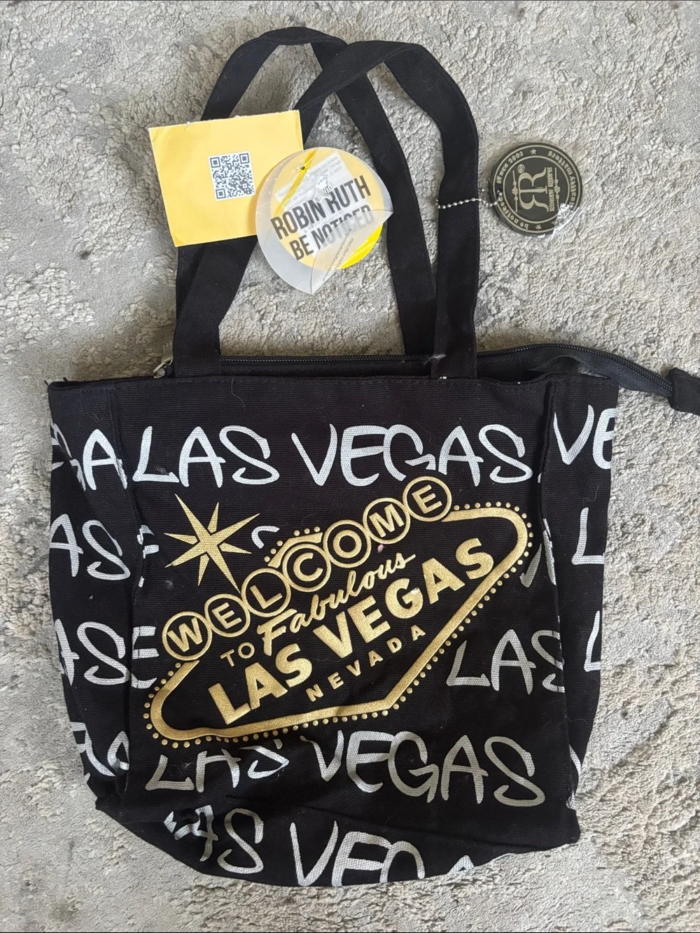 Robin Ruth Black small Tote with Gold & White 'Las Vegas' Graphic